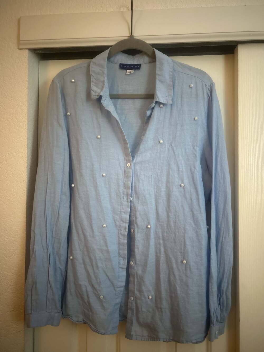 Simply Styled by Sears Light Blue Pearl Embellished Button Down Shirt XL